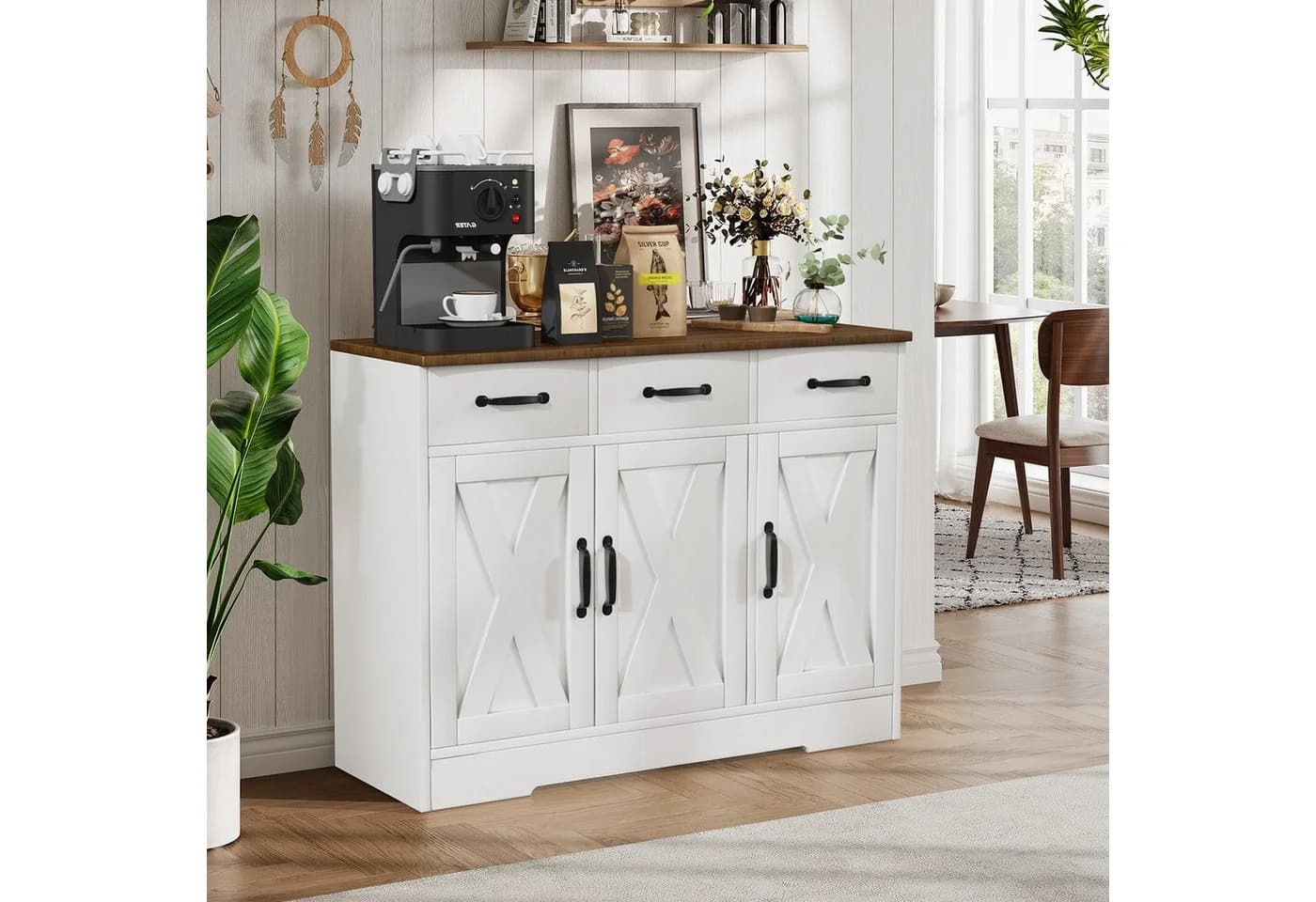 oyajia Sideboard Küchenschrank Weiß/Braun 3 Türen
