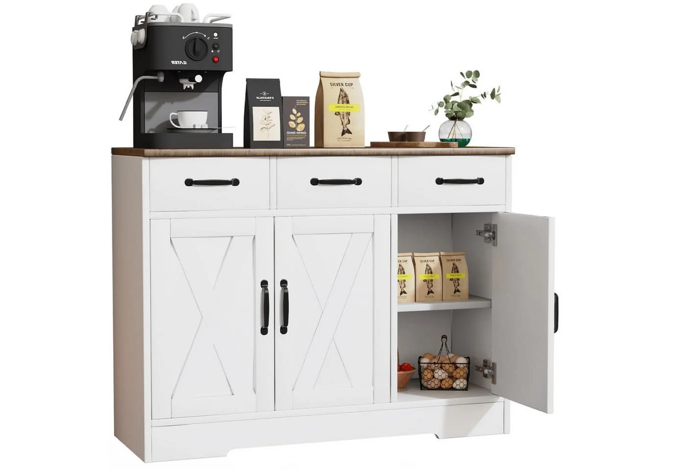 oyajia Sideboard Küchenschrank Weiß/Braun 3 Türen - Bild 2