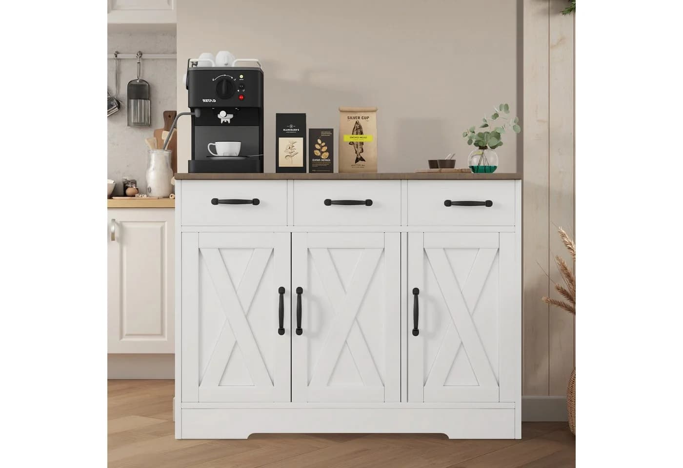 oyajia Sideboard Küchenschrank Weiß/Braun 3 Türen - Bild 3