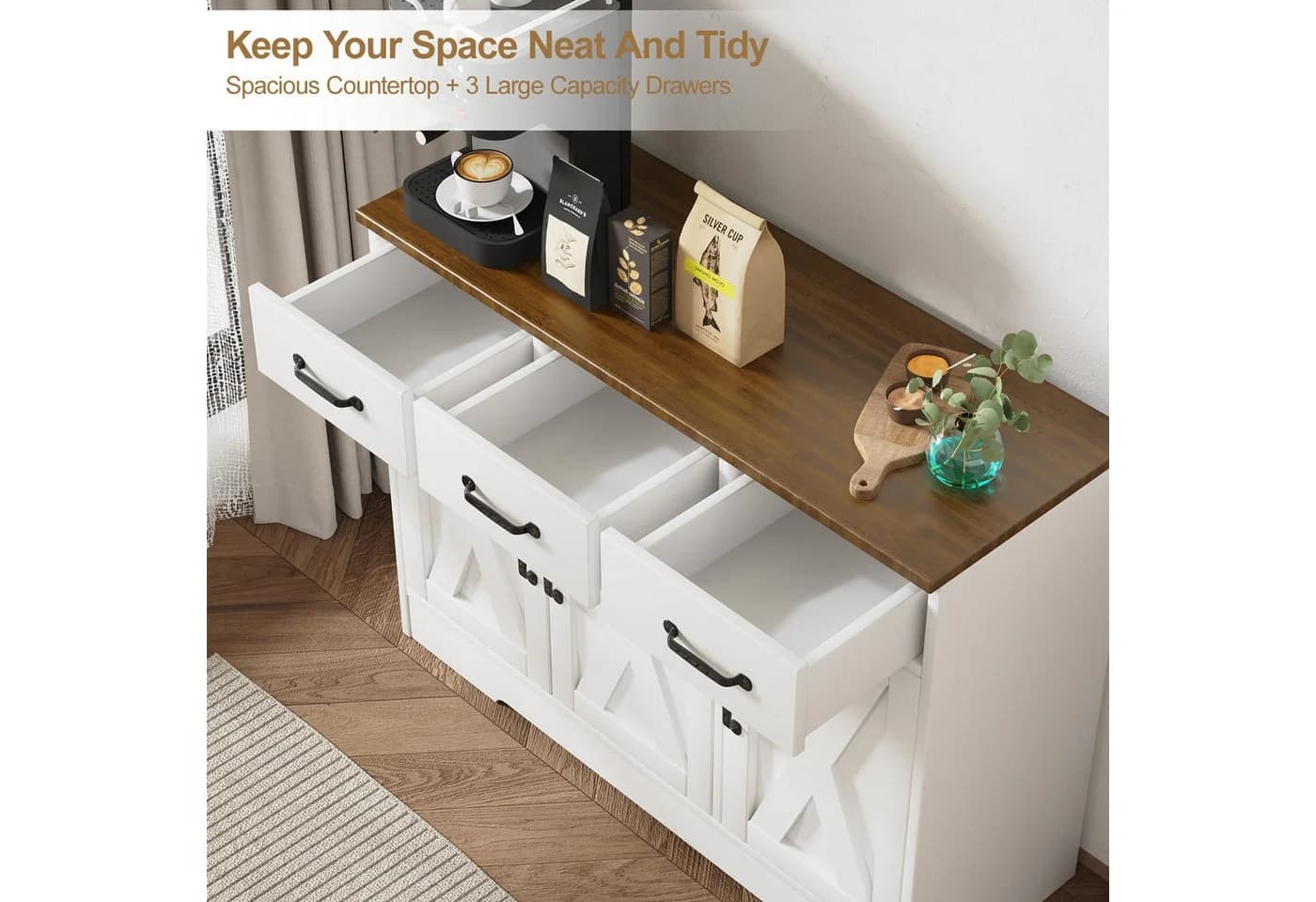 oyajia Sideboard Küchenschrank Weiß/Braun 3 Türen - Bild 5
