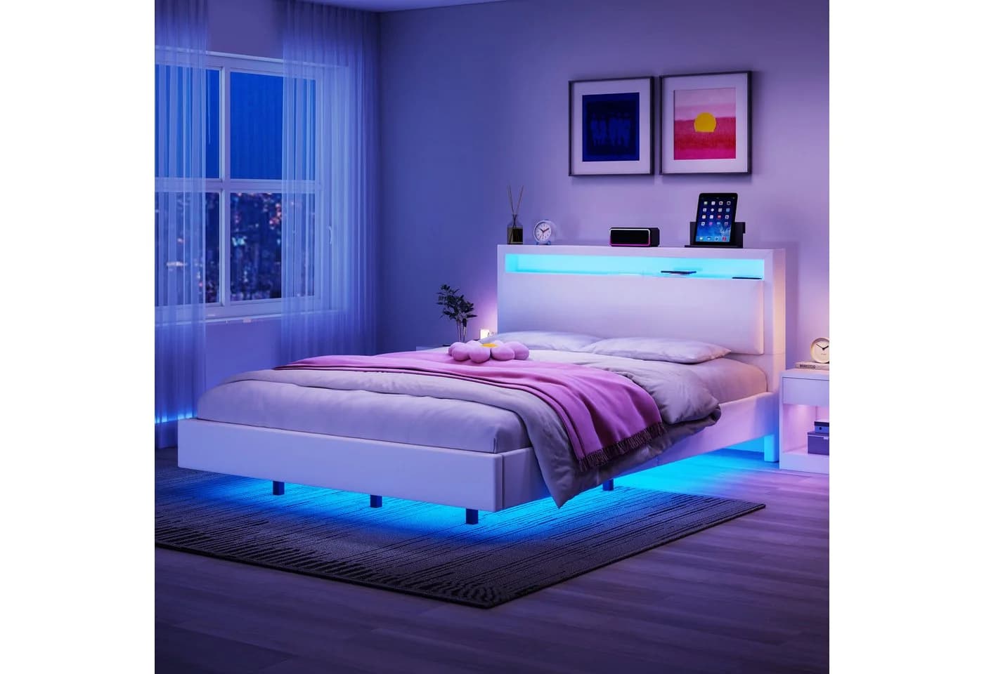 oyajia Polsterbett Schwebebett mit LED-Beleuchtung und USB-Ladefunktion, 140x200cm
