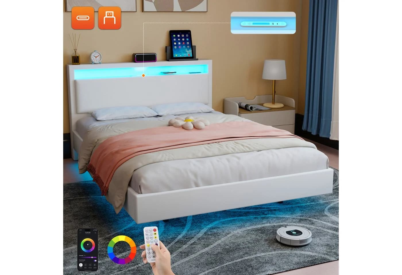 oyajia Polsterbett Schwebebett mit LED-Beleuchtung und USB-Ladefunktion, 140x200cm - Bild 2