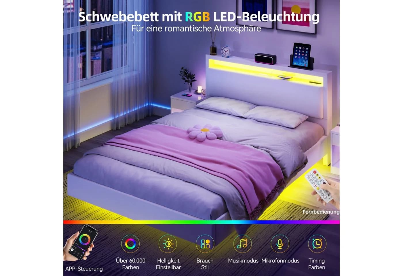 oyajia Polsterbett Schwebebett mit LED-Beleuchtung und USB-Ladefunktion, 140x200cm - Bild 3