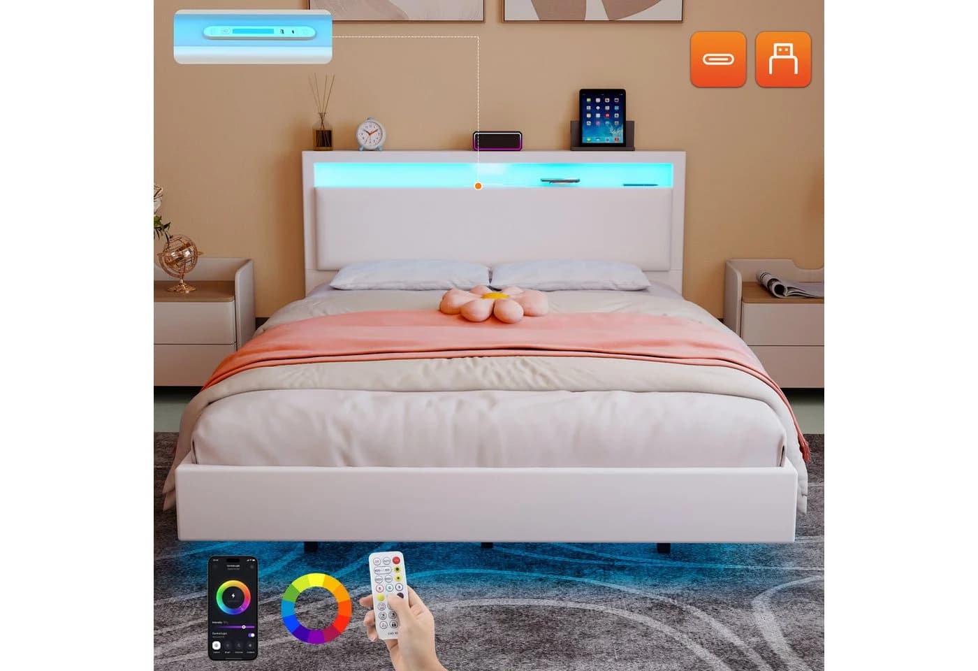 oyajia Polsterbett Schwebebett mit LED-Beleuchtung und USB-Ladefunktion, 140x200cm - Bild 4