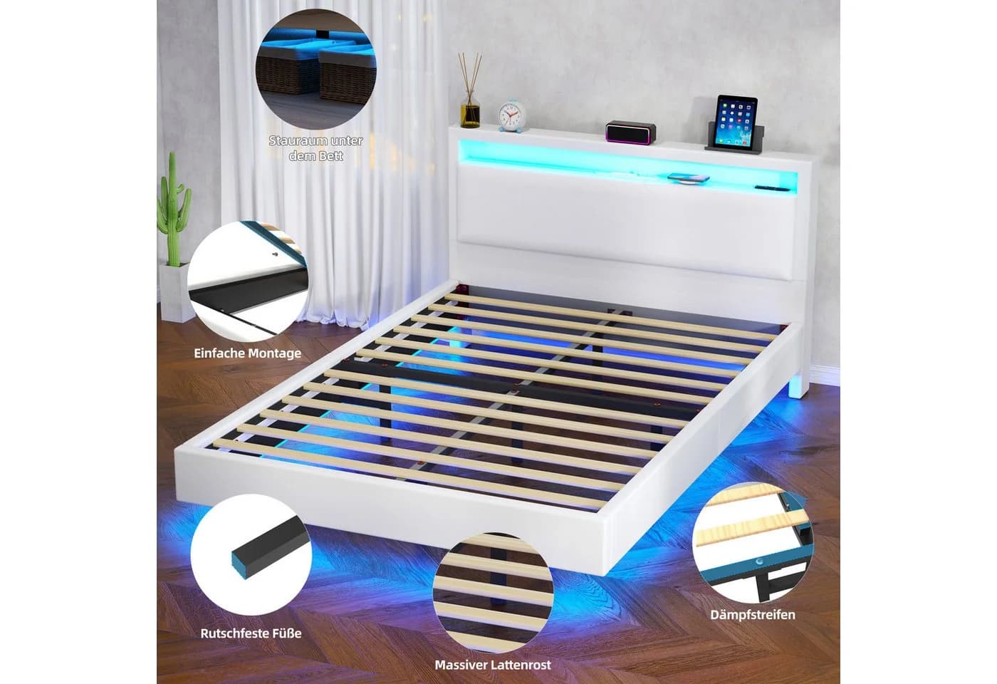 oyajia Polsterbett Schwebebett mit LED-Beleuchtung und USB-Ladefunktion, 140x200cm - Bild 5