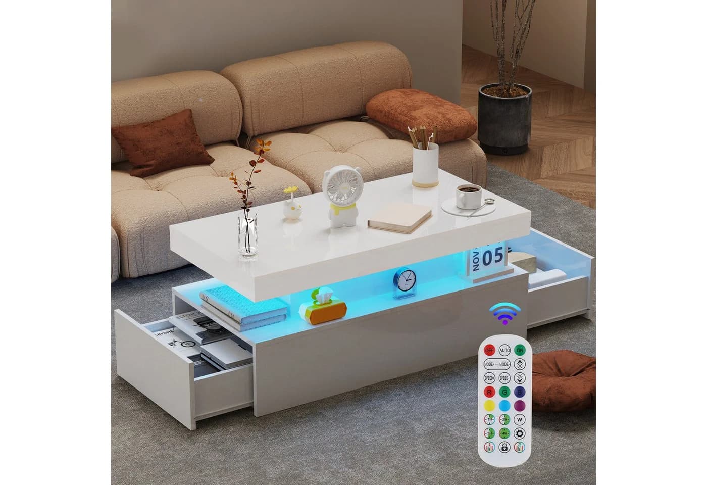 oyajia Couchtisch Wohnzimmertisch Hochglanz Weiß mit LED Beleuchtung & Fernsteuerung - Bild 2