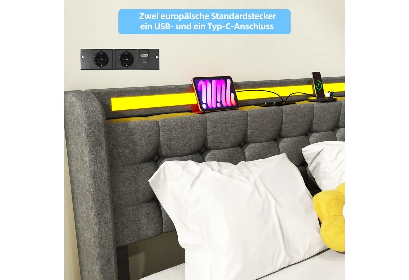 oyajia Stauraumbett LED Hydraulisches Doppelbett 140x200cm Grau - Bild 5