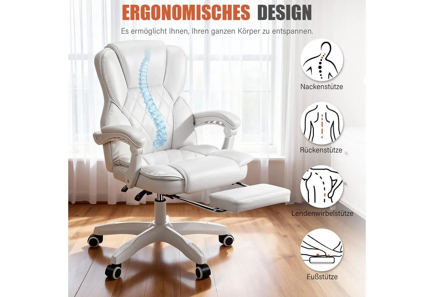 oyajia Bürostuhl Ergonomisch, 135° neigbar, mit Fußstütze, PU-Leder, bis 150 kg - Bild 4
