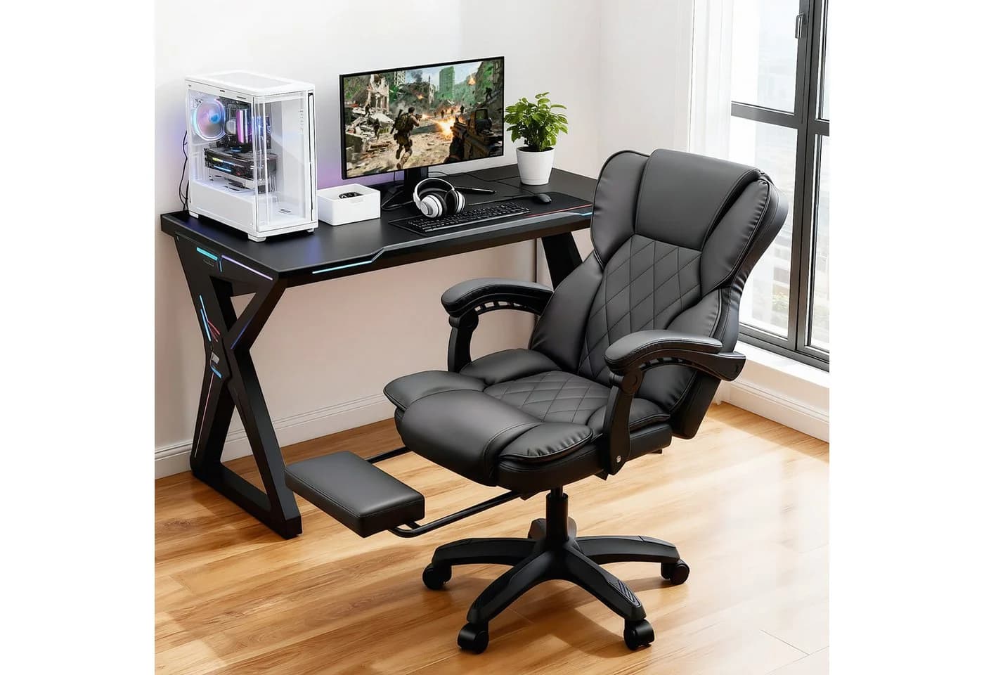 oyajia Bürostuhl Ergonomisch, 135° neigbar, mit Fußstütze, PU-Leder, 150 kg Belastbarkeit
