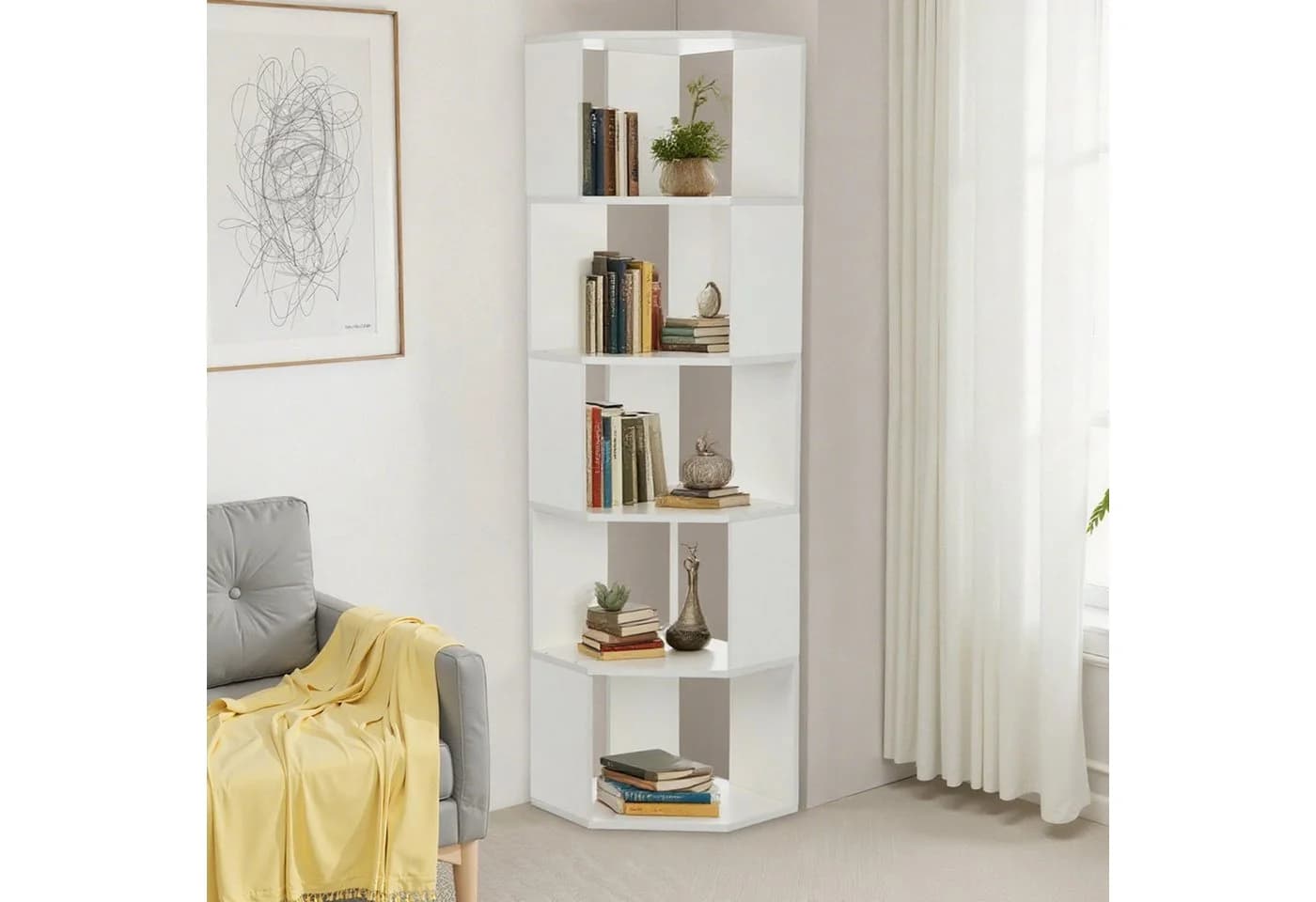 oyajia Bücherregal Eck 159cm Weiß Holzwerkstoff