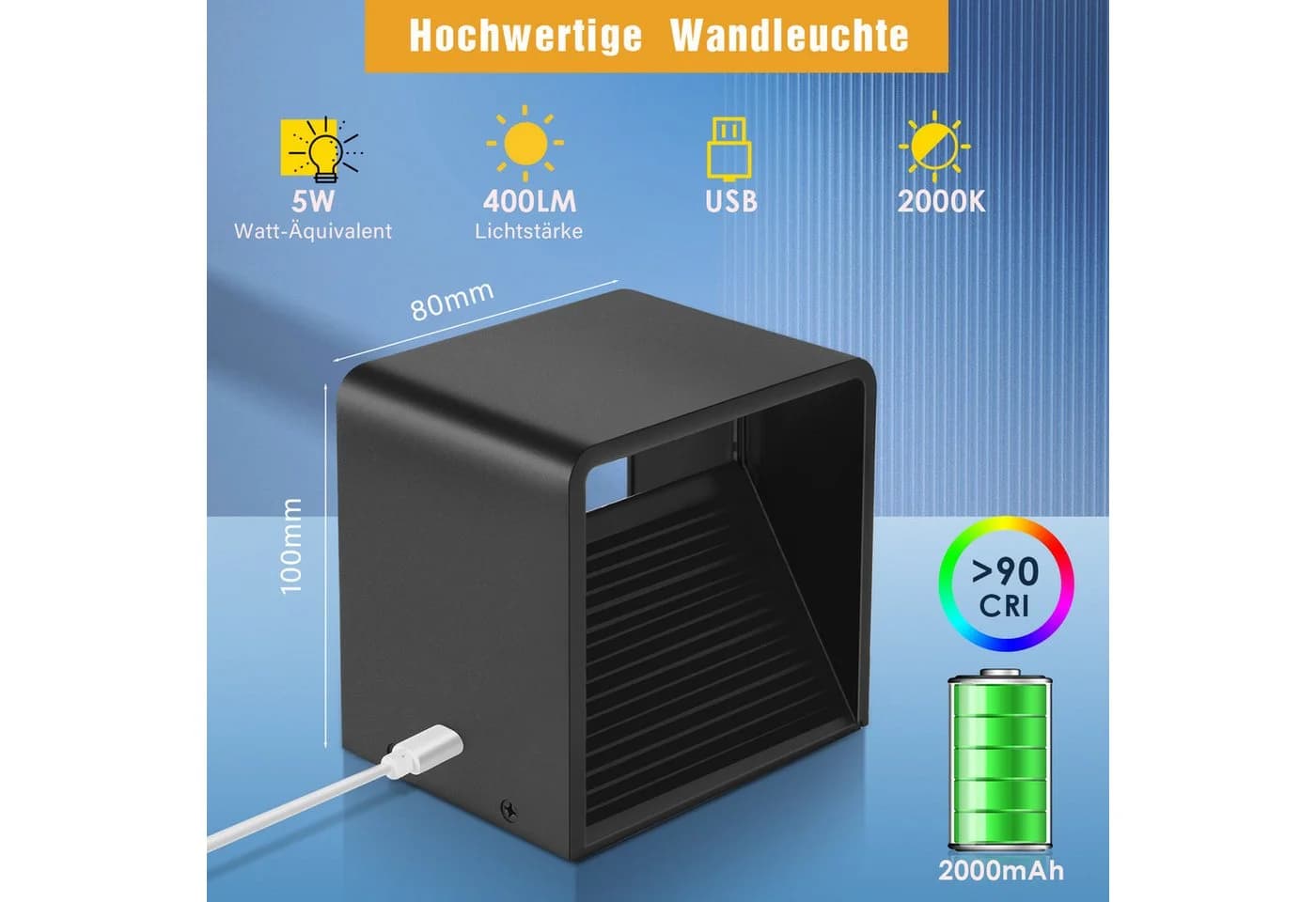 WILGOON LED Wandleuchte Akku mit Bewegungsmelder Schwarz