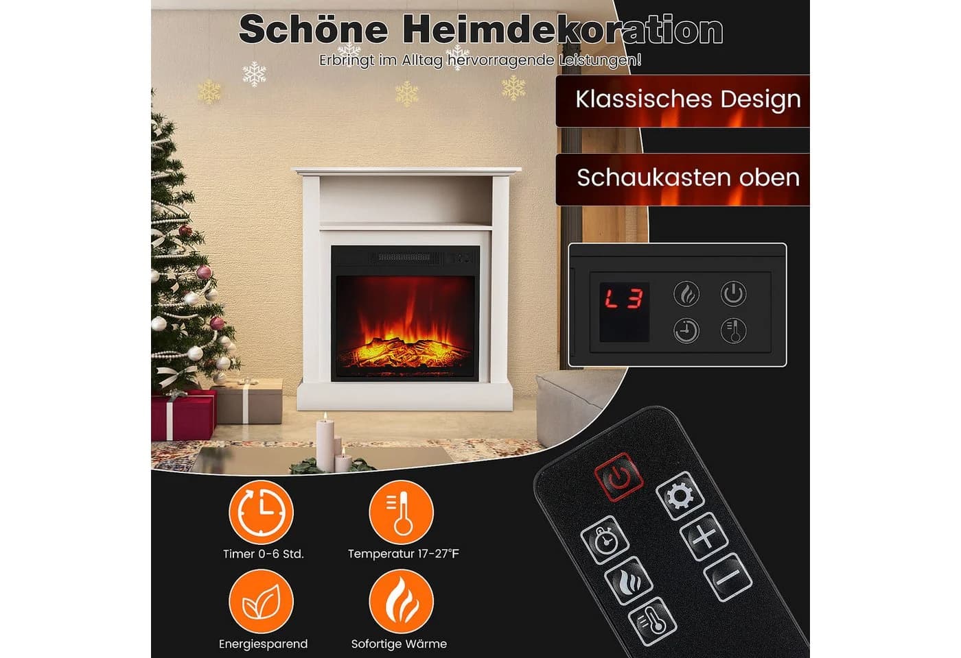 oyajia Elektrokamin Standkamin 3D-Flammeneffekt 2000W Fernbedienung Timer Thermostat - Bild 4
