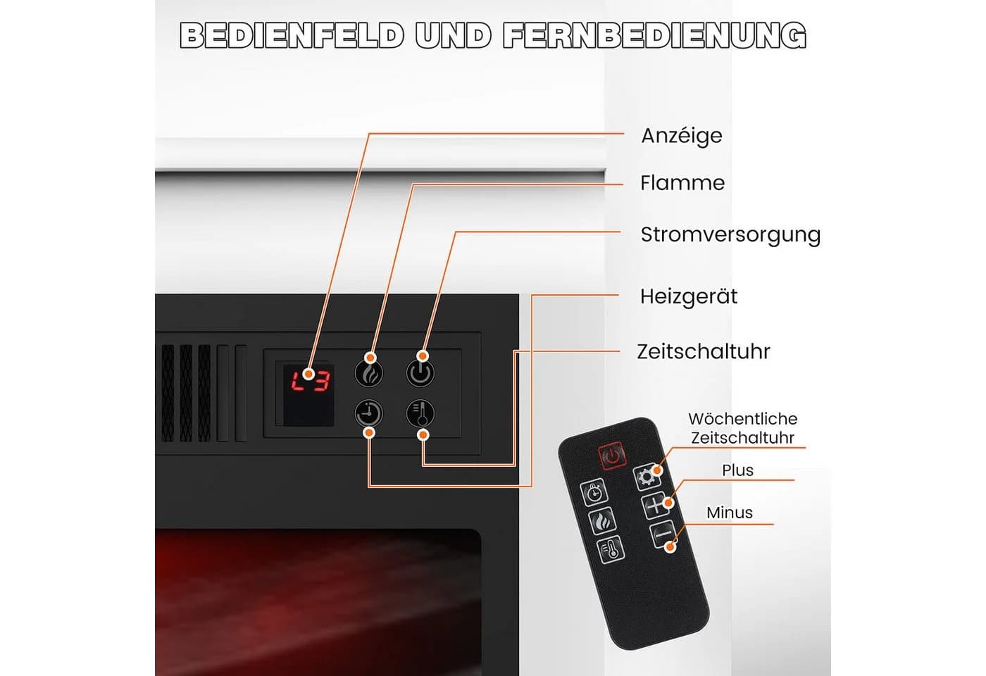 oyajia Elektrokamin Standkamin 3D-Flammeneffekt 2000W Fernbedienung Timer Thermostat - Bild 5