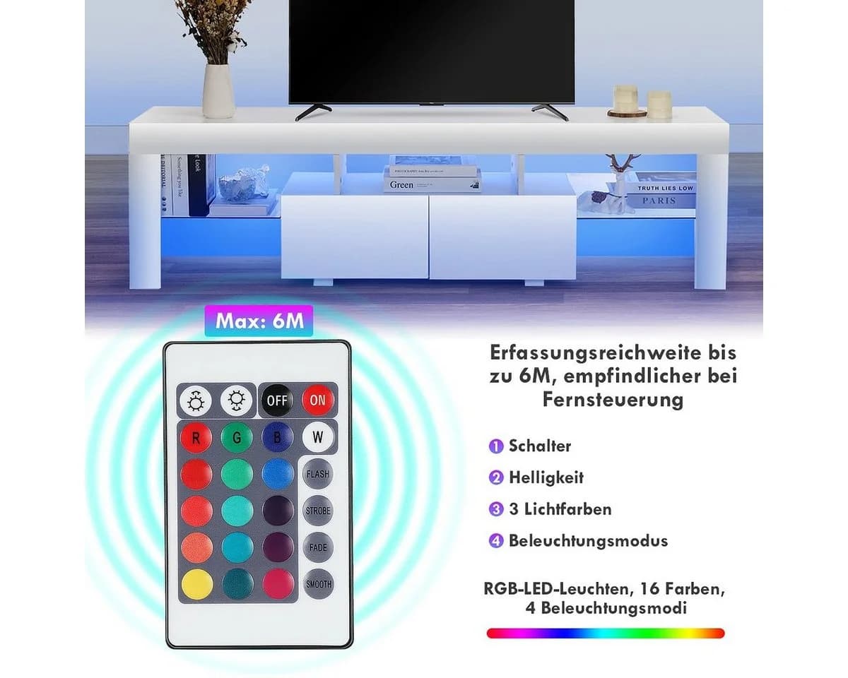 oyajia TV-Schrank 160 cm LED-Beleuchtung Lowboard Weiß - Bild 5