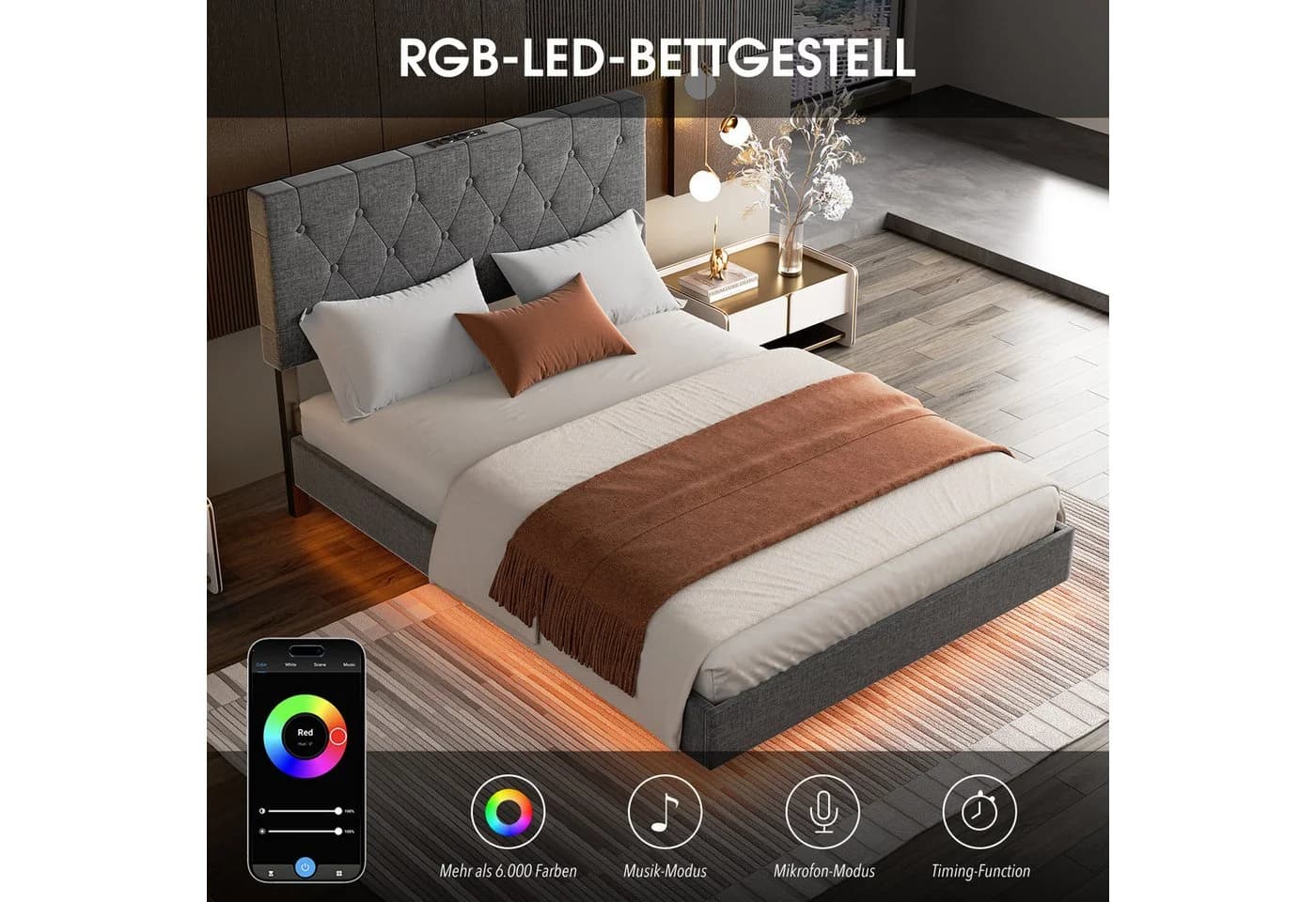 oyajia Bettgestell Doppelbett 140x200cm mit LED-Licht Schwarz - Bild 3