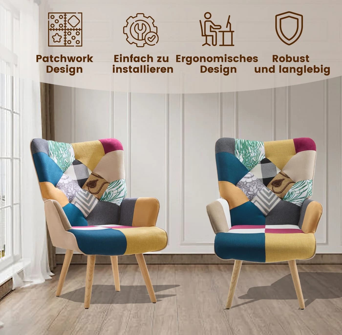 Aunekiv Polstersessel Bunt Patchwork Mid-Century Massivholz - Bild 4