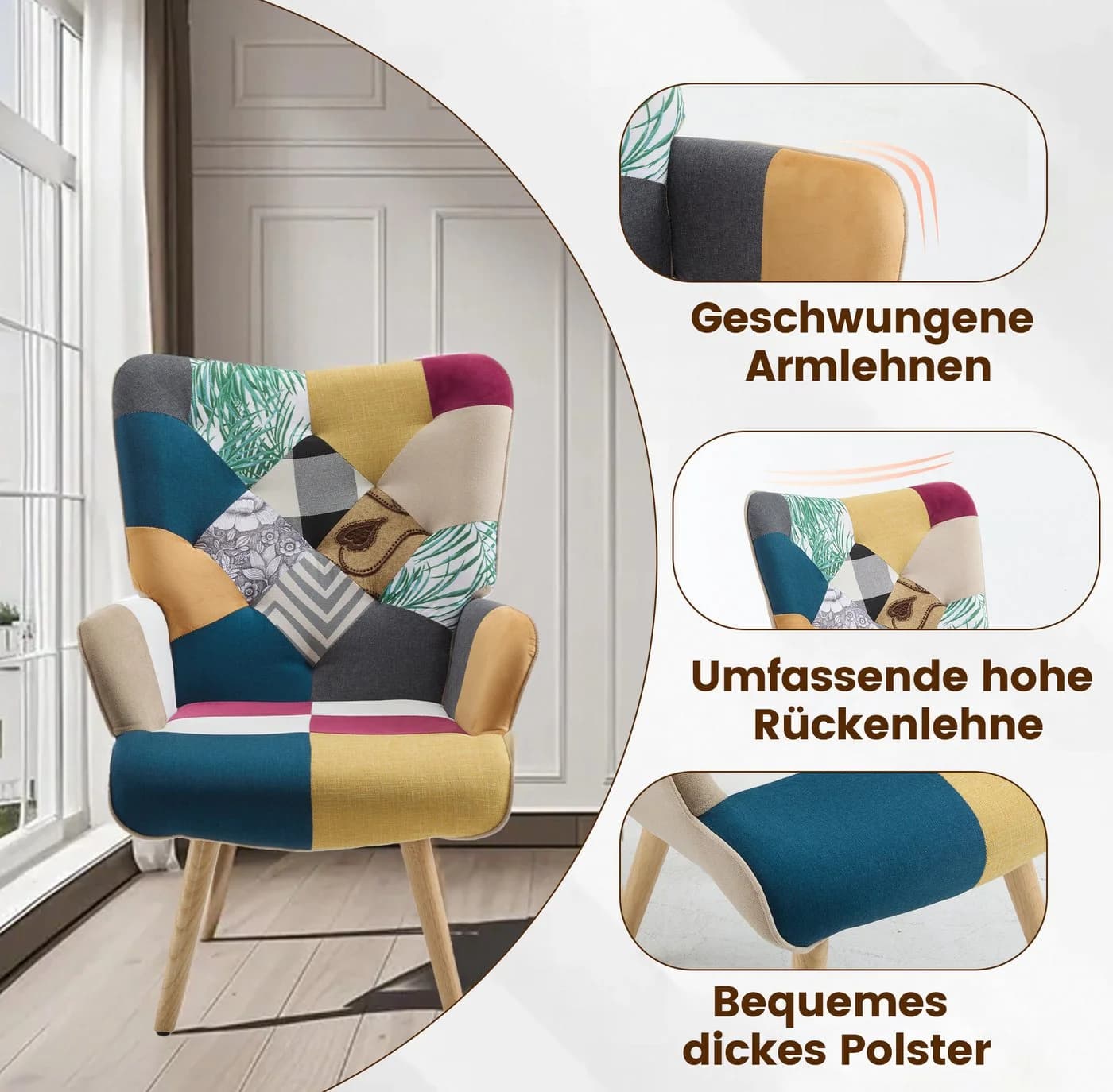 Aunekiv Polstersessel Bunt Patchwork Mid-Century Massivholz - Bild 5