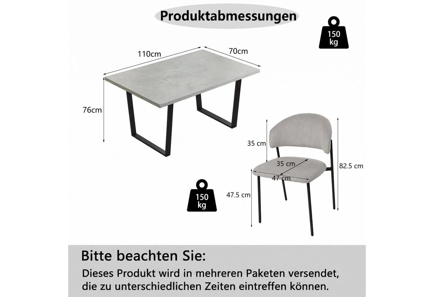 Jiexi Essgruppe 110x70cm mit Cord-Stühlen Grau/Schwarz - Bild 3