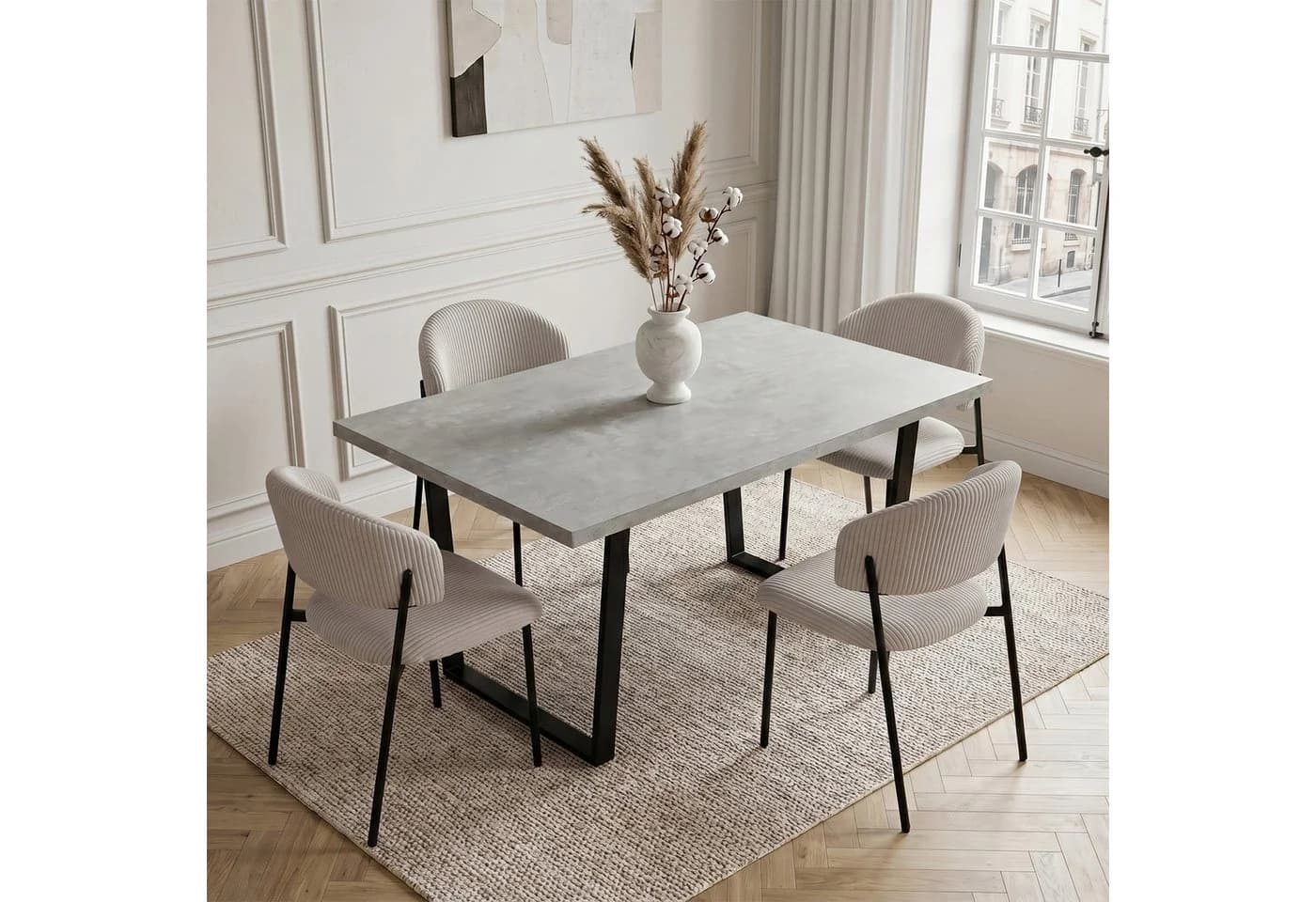 Jiexi Essgruppe 110x70cm mit Cord-Polsterstühlen grau