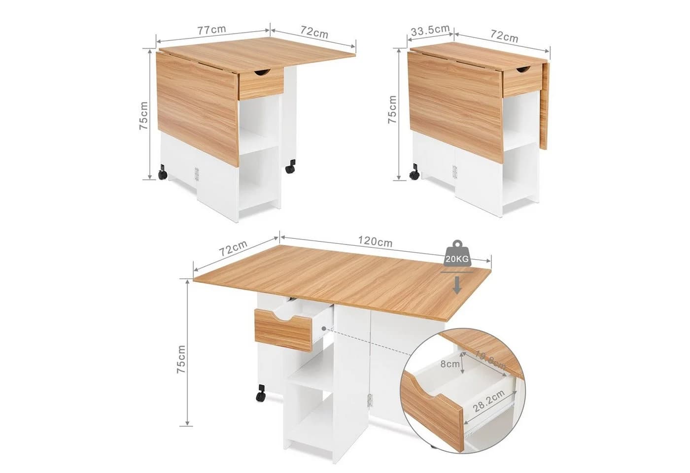 Mondeer Klappbarer Esstisch mit 1 Schublade und 2 Lagerregalkonsolen 72 x 120 x 75 cm - Bild 4