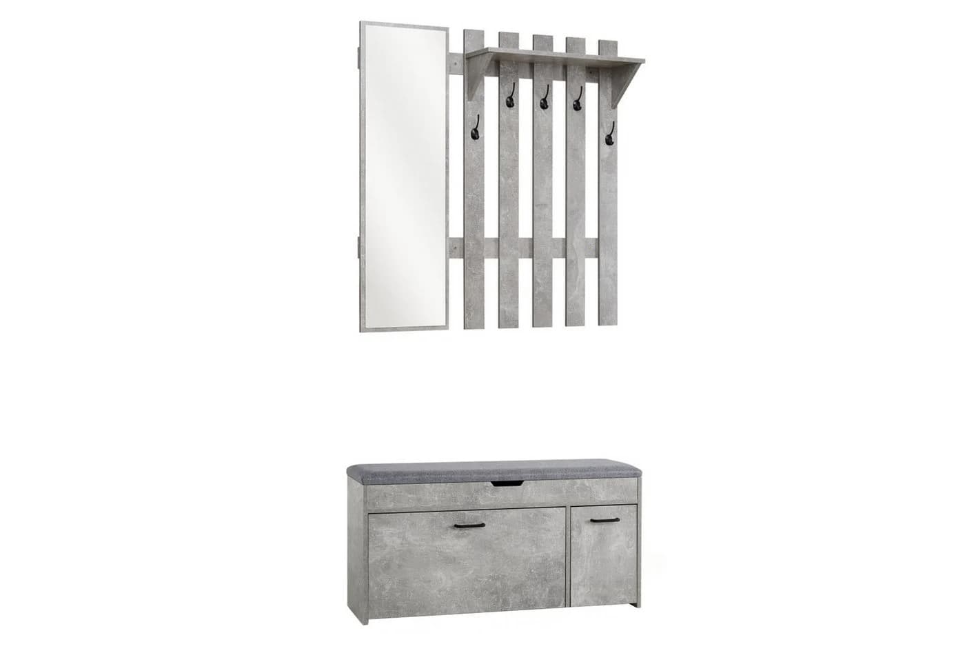 Mondeer Garderoben-Set Grau mit Spiegel, Haken und Schuhbank - Bild 2