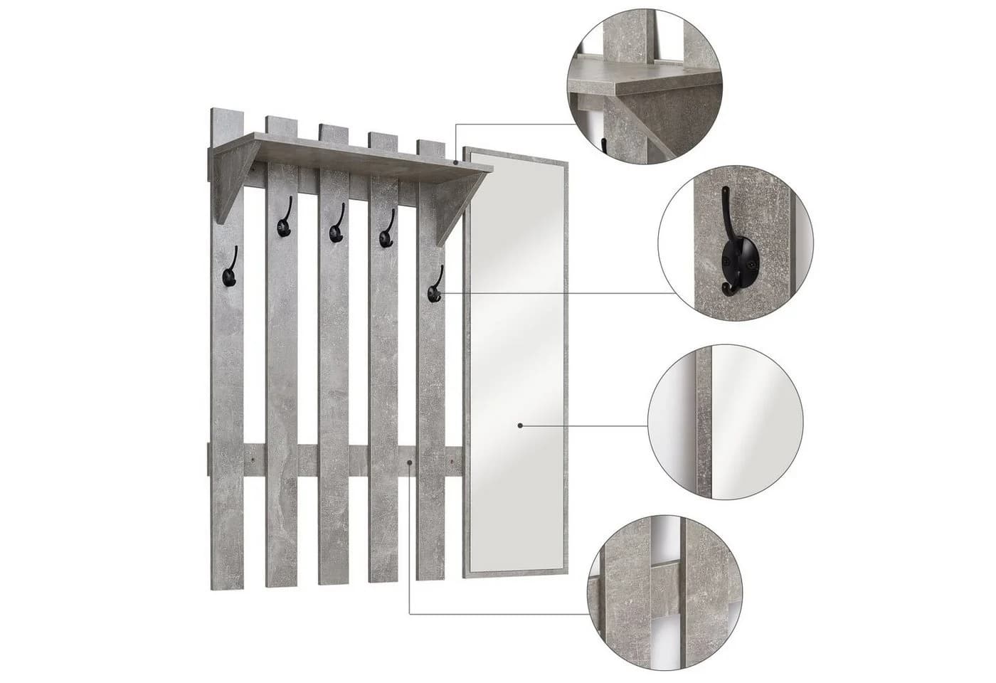 Mondeer Garderoben-Set Grau mit Spiegel, Haken und Schuhbank - Bild 4