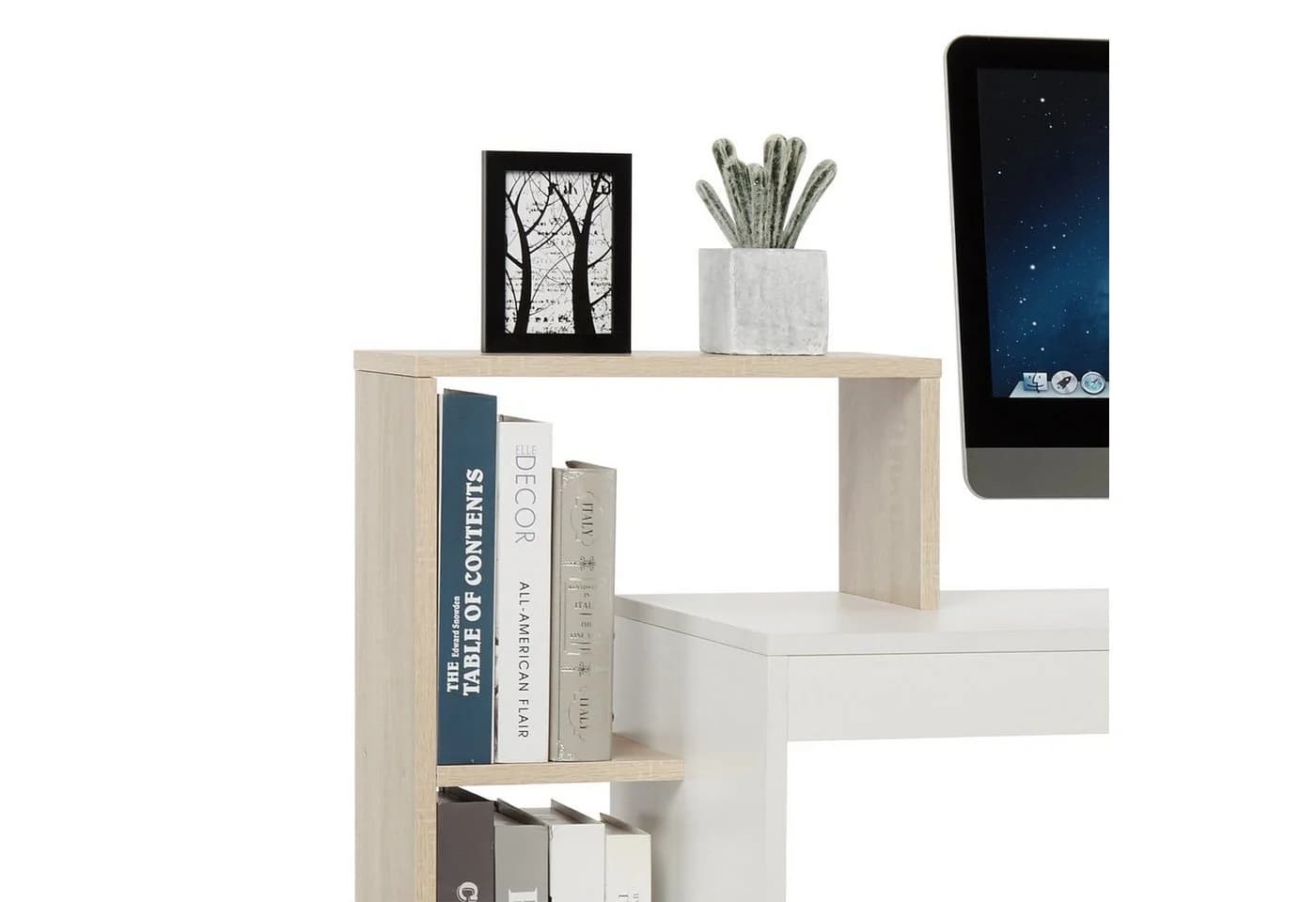 Mondeer Schreibtisch Computertisch mit Ablagefach, Weiß+Natur - Bild 4