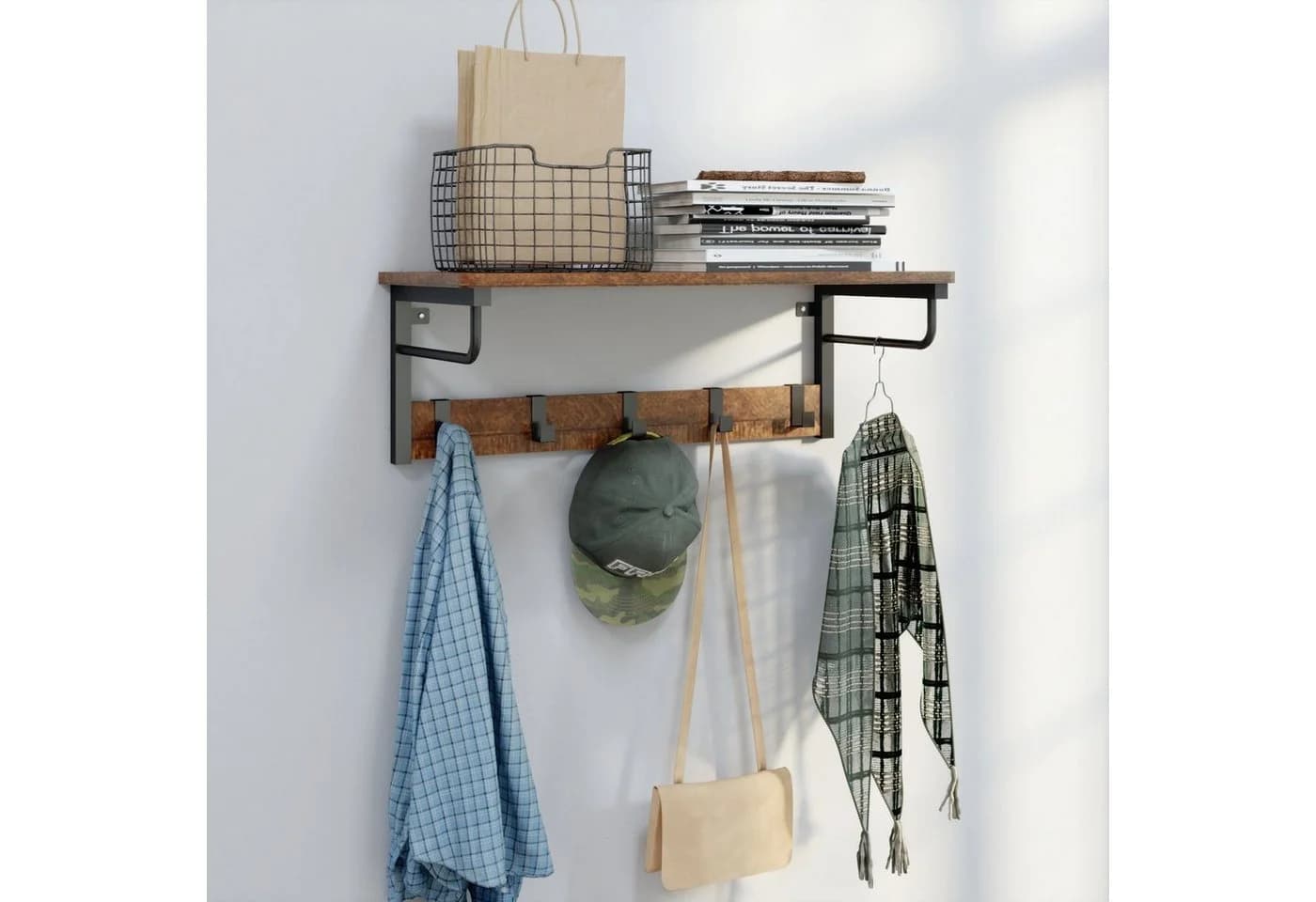 Mondeer Wandgarderobe Wandregal, 5 Haken, Ablage, 67 x 28 x 23,5 cm, Braun & Schwarz