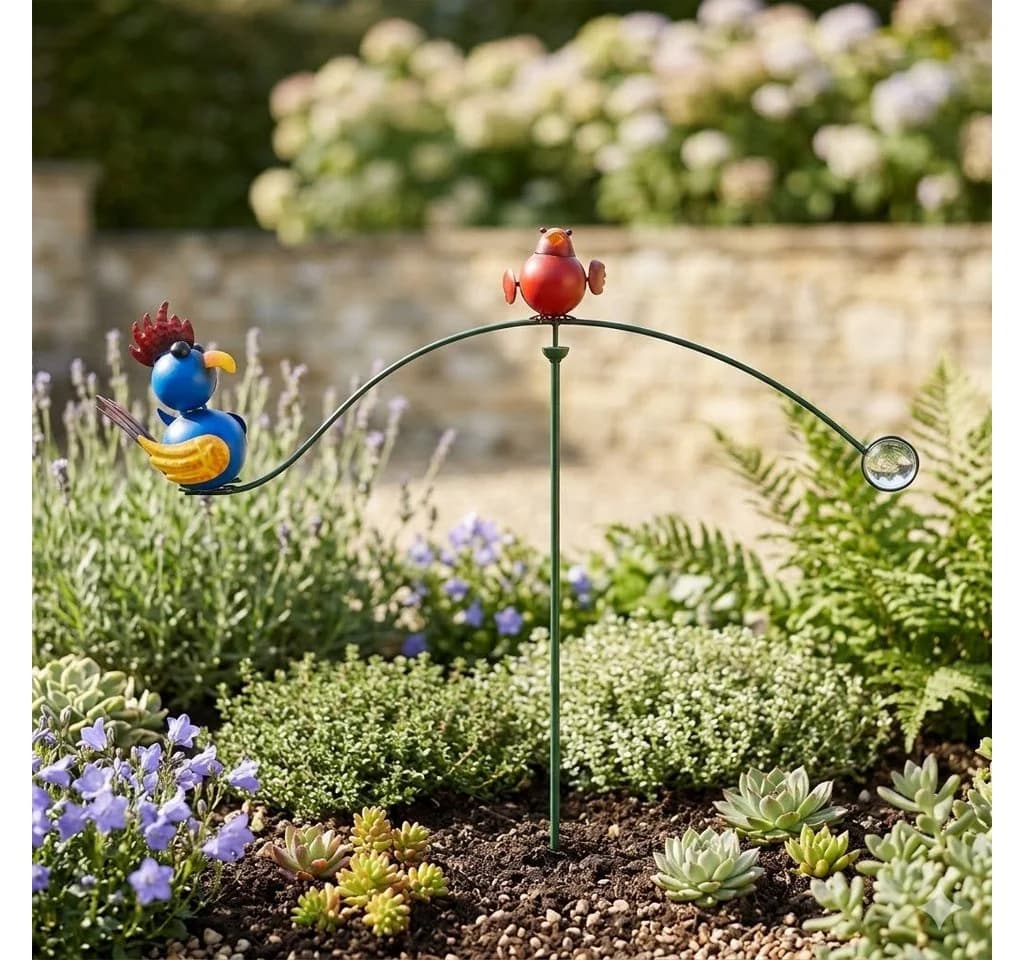 Eurotrade Gartenstecker Windspiel Hahn und Vogel