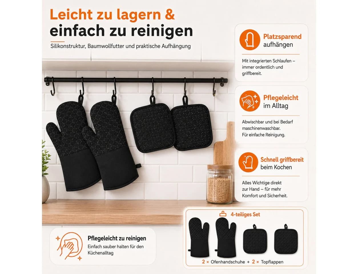 VEKROBOT Topflappen Set 4-tlg. Schwarz Hitzebeständig Silikon