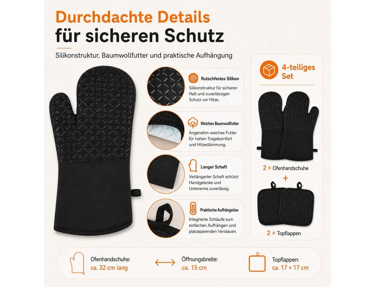 VEKROBOT Topflappen Set 4-tlg. Schwarz Hitzebeständig Silikon - Bild 3