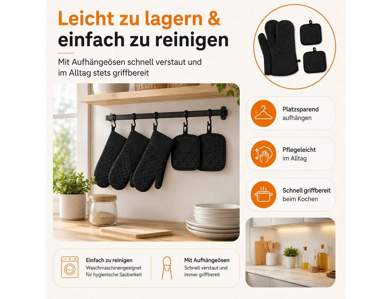 VEKROBOT Topflappen Set 4-tlg. Schwarz Hitzebeständig Silikon - Bild 4