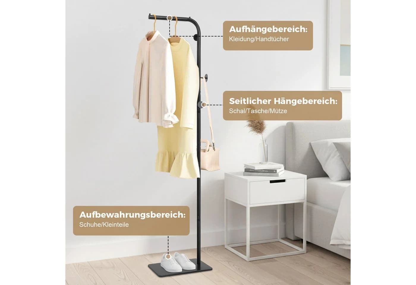 QUBEBU Garderobenständer Schwarz Metall 3 Haken Modern