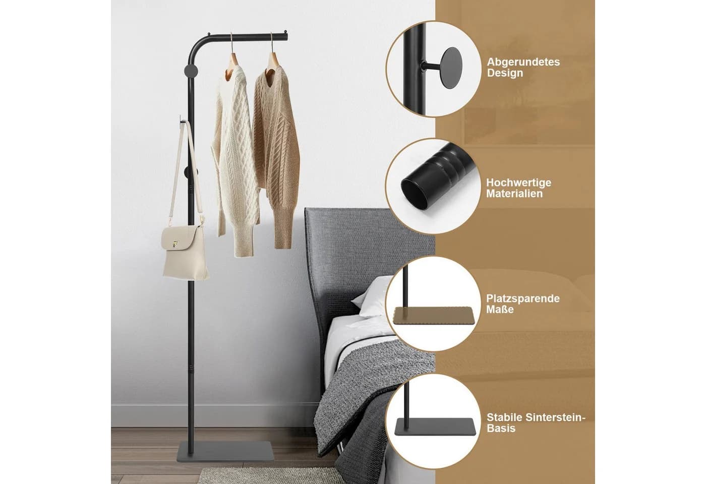 QUBEBU Garderobenständer Schwarz Metall 3 Haken Modern - Bild 4
