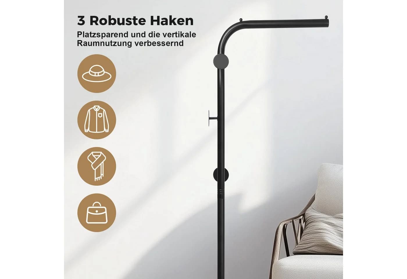 QUBEBU Garderobenständer Schwarz Metall 3 Haken Modern - Bild 5