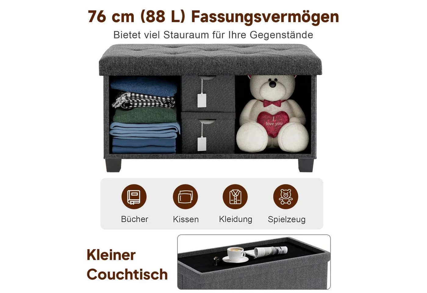 Refined Living Sitzhocker mit Stauraum Klappbar Leinenstoff - Bild 3
