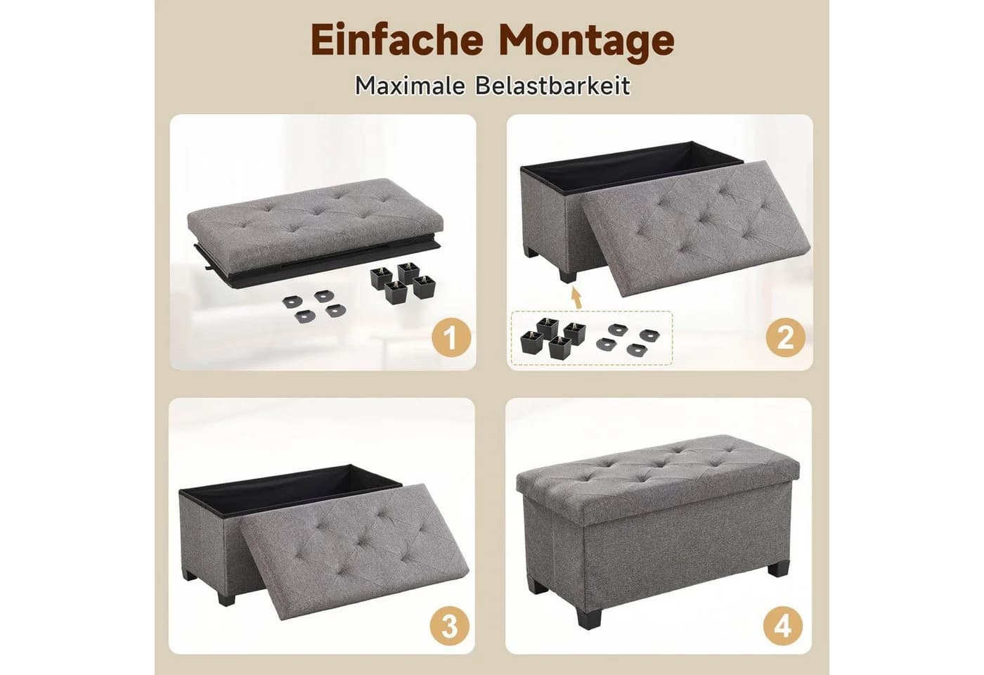 Refined Living Sitzhocker mit Stauraum Klappbar Leinenstoff - Bild 5
