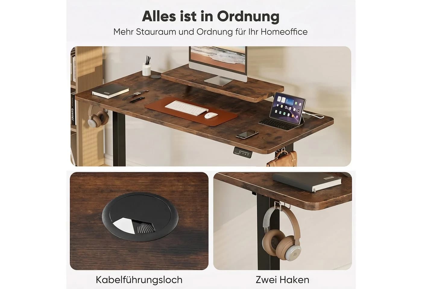 AIMAX Höhenverstellbarer Schreibtisch Braun mit Monitorhalter - Bild 4