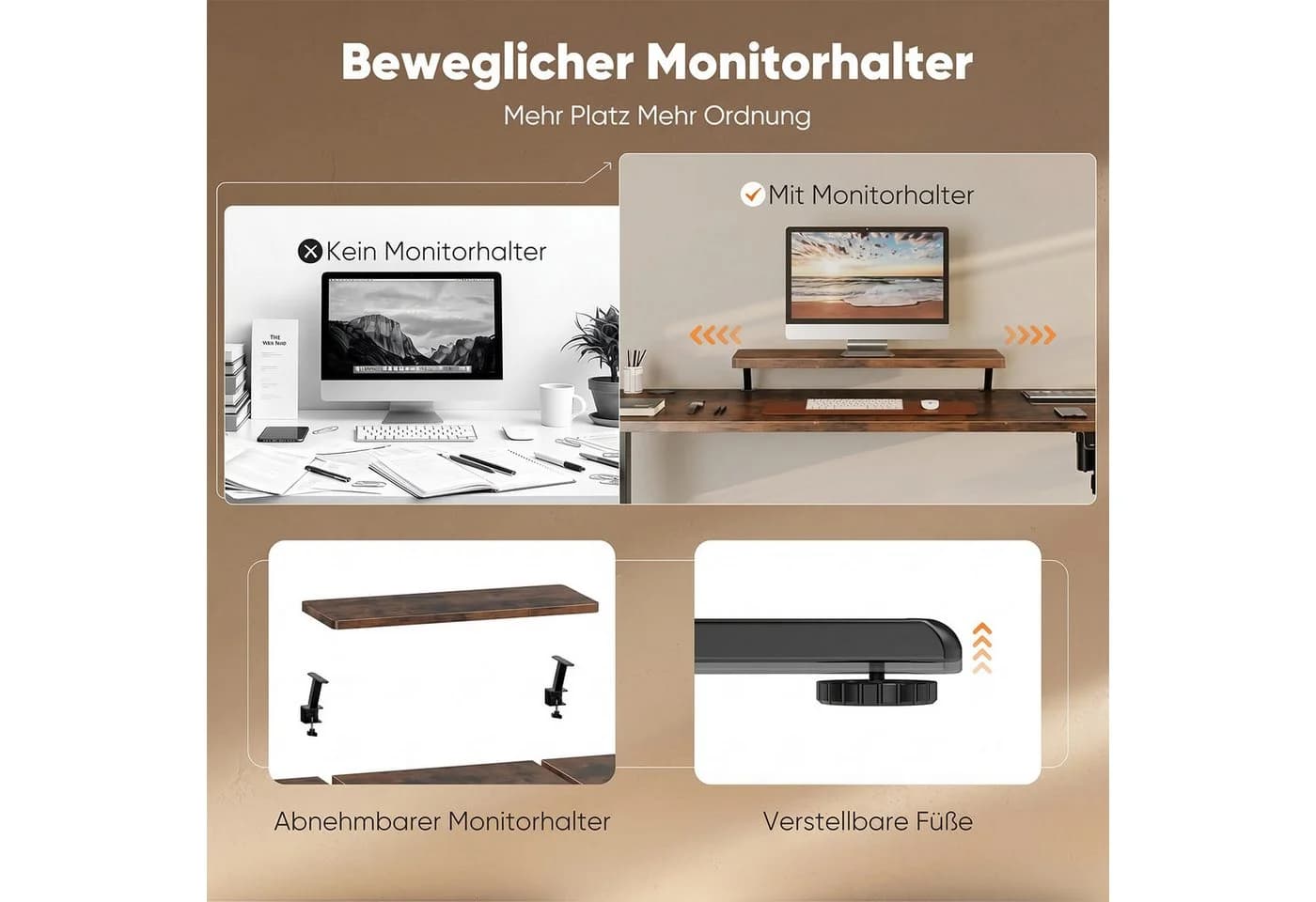 AIMAX Höhenverstellbarer Schreibtisch Braun mit Monitorhalter - Bild 5