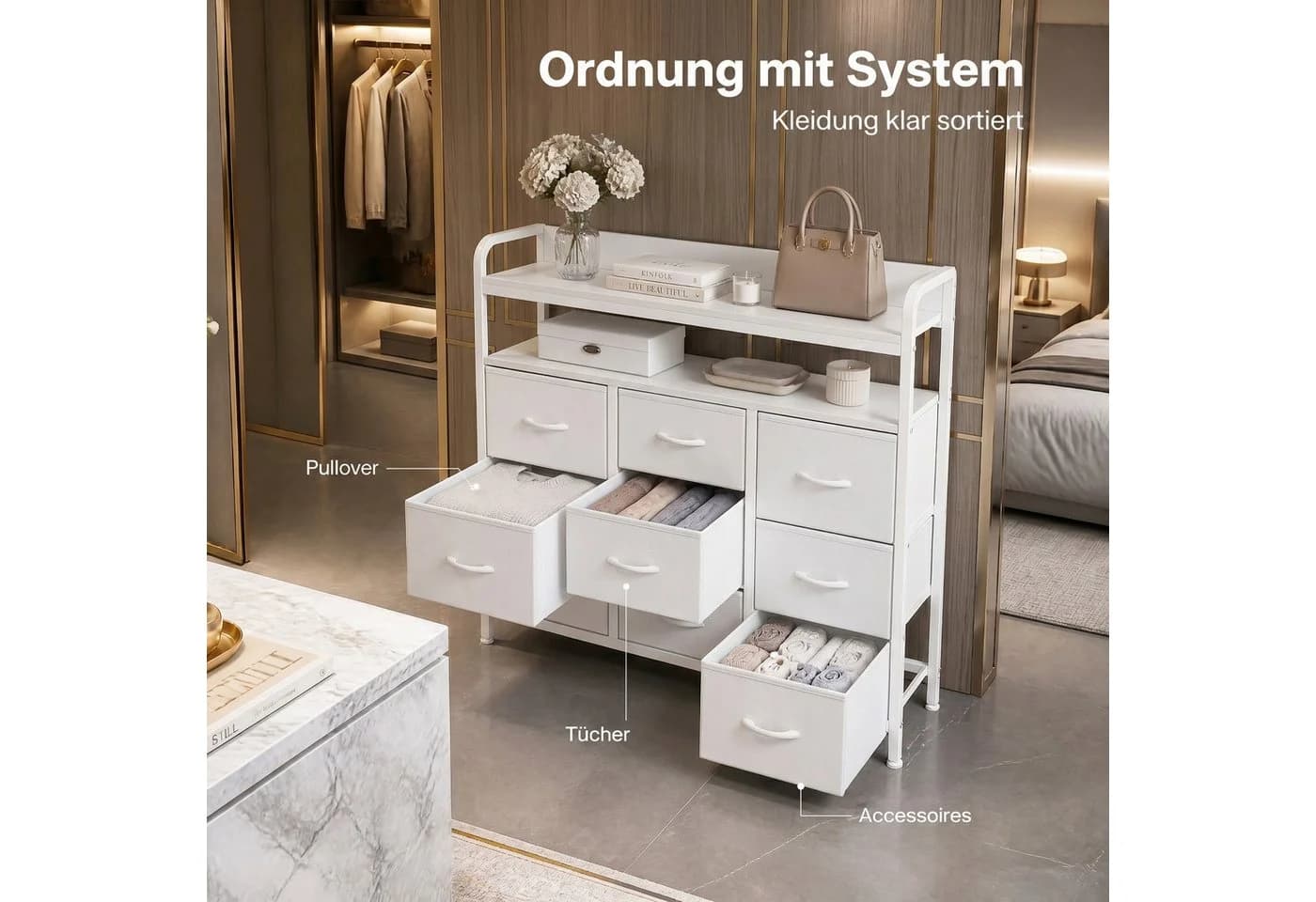 Refined Living Stoffkommode 7 Schubladen Weiß Metallrahmen - Bild 4