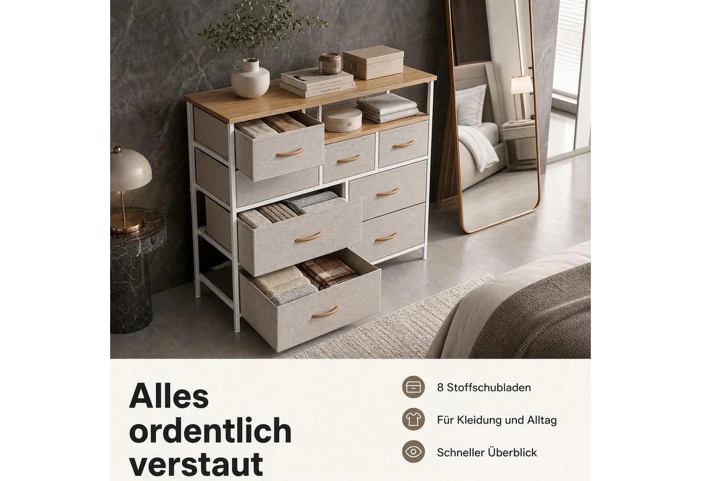 Refined Living Stoffkommode mit 8 Schubladen und 2 Ablagen Beige - Bild 4
