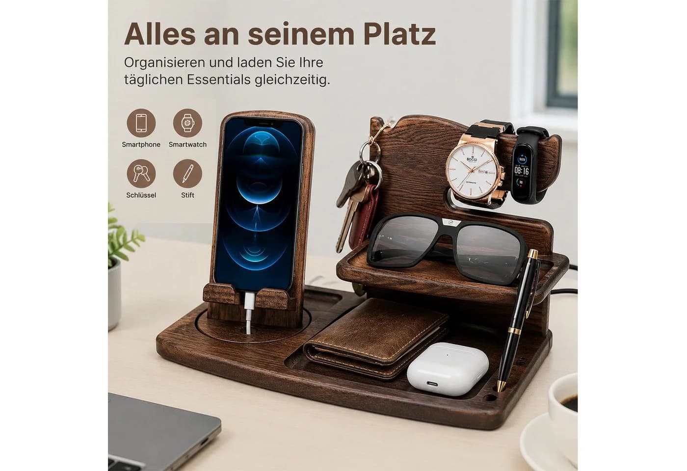 AIMAX Holz Organizer mit drehbarem Handyhalter, Walnuss - Bild 3