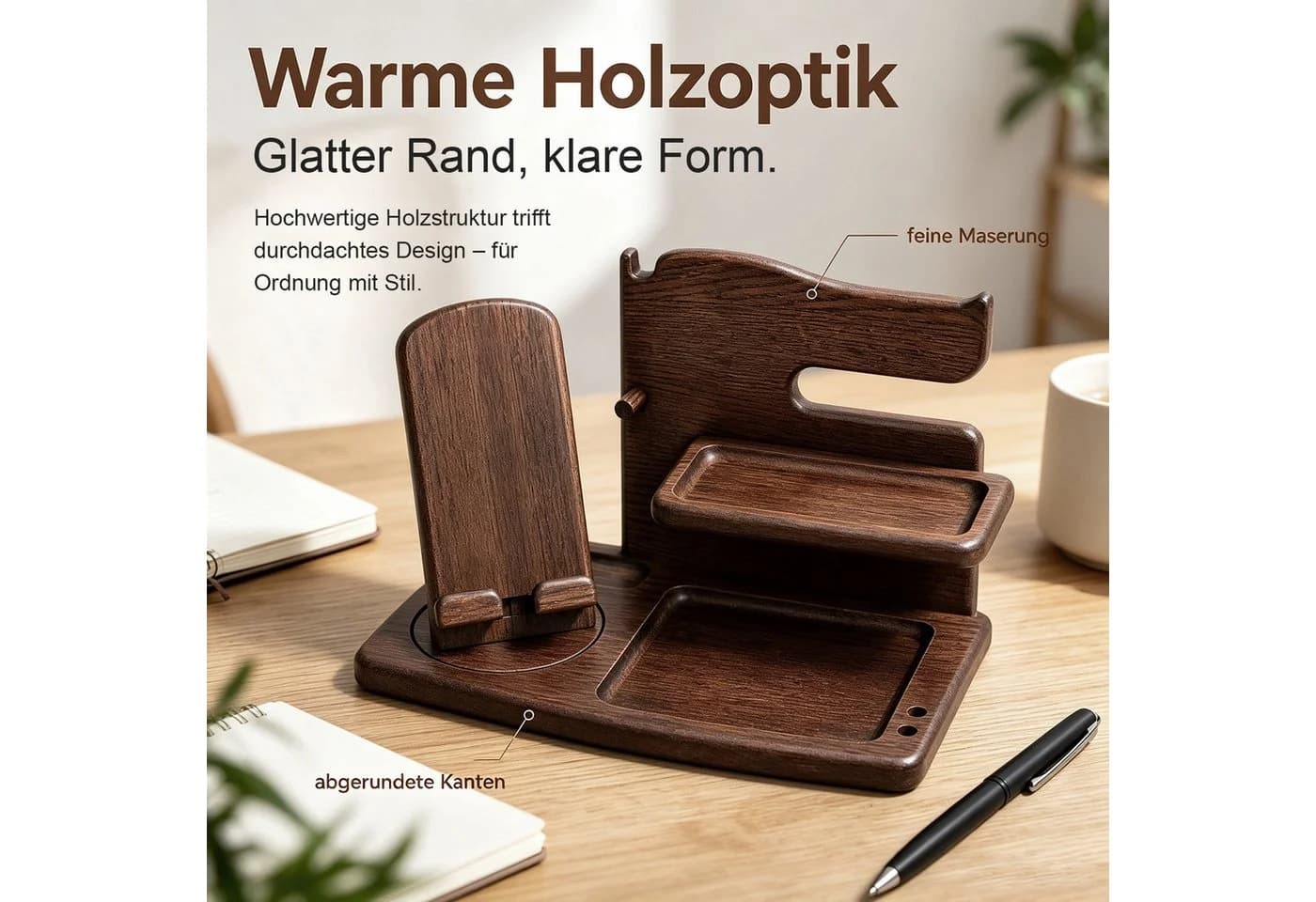 AIMAX Holz Organizer mit drehbarem Handyhalter, Walnuss - Bild 4