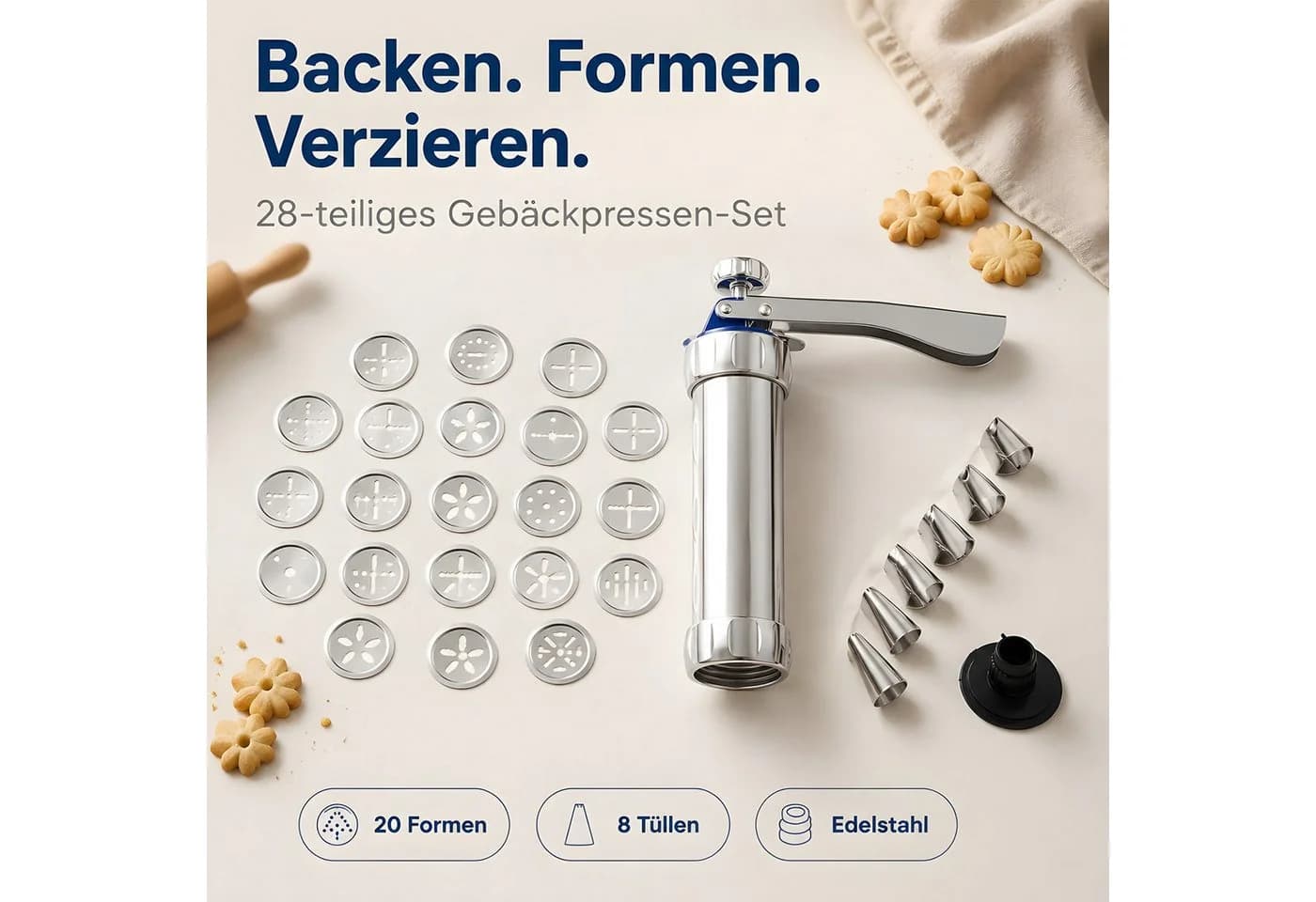 AIMAX Edelstahl Gebäckpresse mit 20 Schablonen & 8 Tüllen - Bild 3