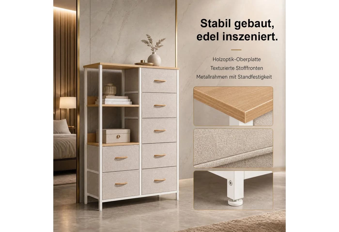 Refined Living Kommode mit 7 Schubladen und offenem Fach Beige - Bild 3
