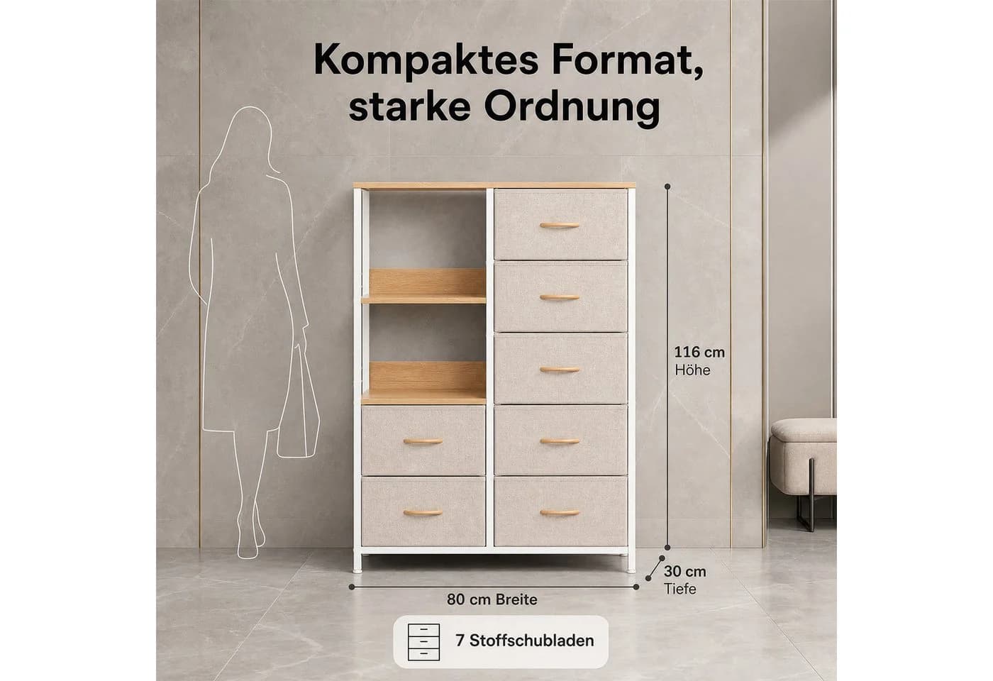 Refined Living Kommode mit 7 Schubladen und offenem Fach Beige - Bild 4