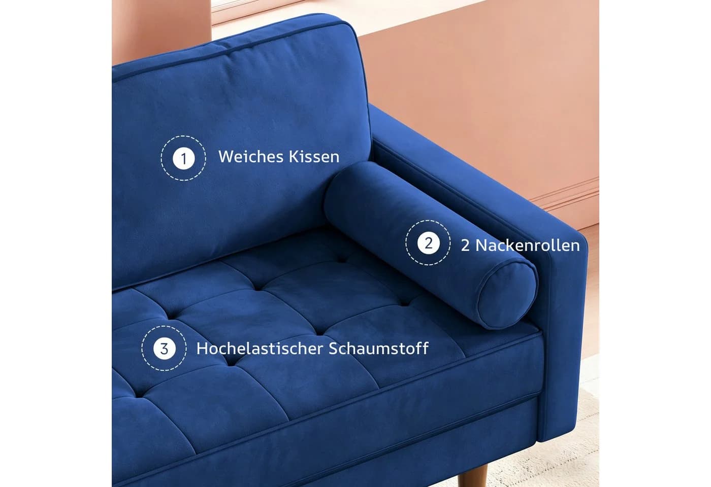 Dripex Samtsofa 2-Sitzer Blau mit Holzfüßen