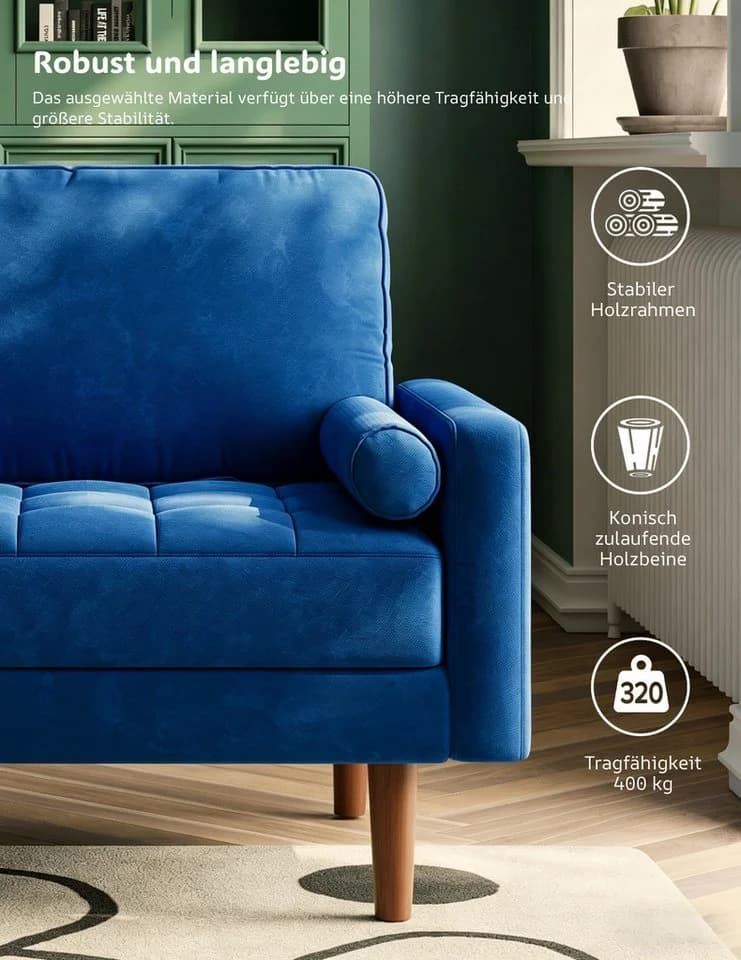 Dripex Samtsofa 2-Sitzer Blau mit Holzfüßen - Bild 5