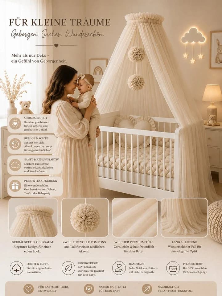 Baby Fancyroom Betthimmel 12 Meter Tüll Beige Kinderbett - Bild 3