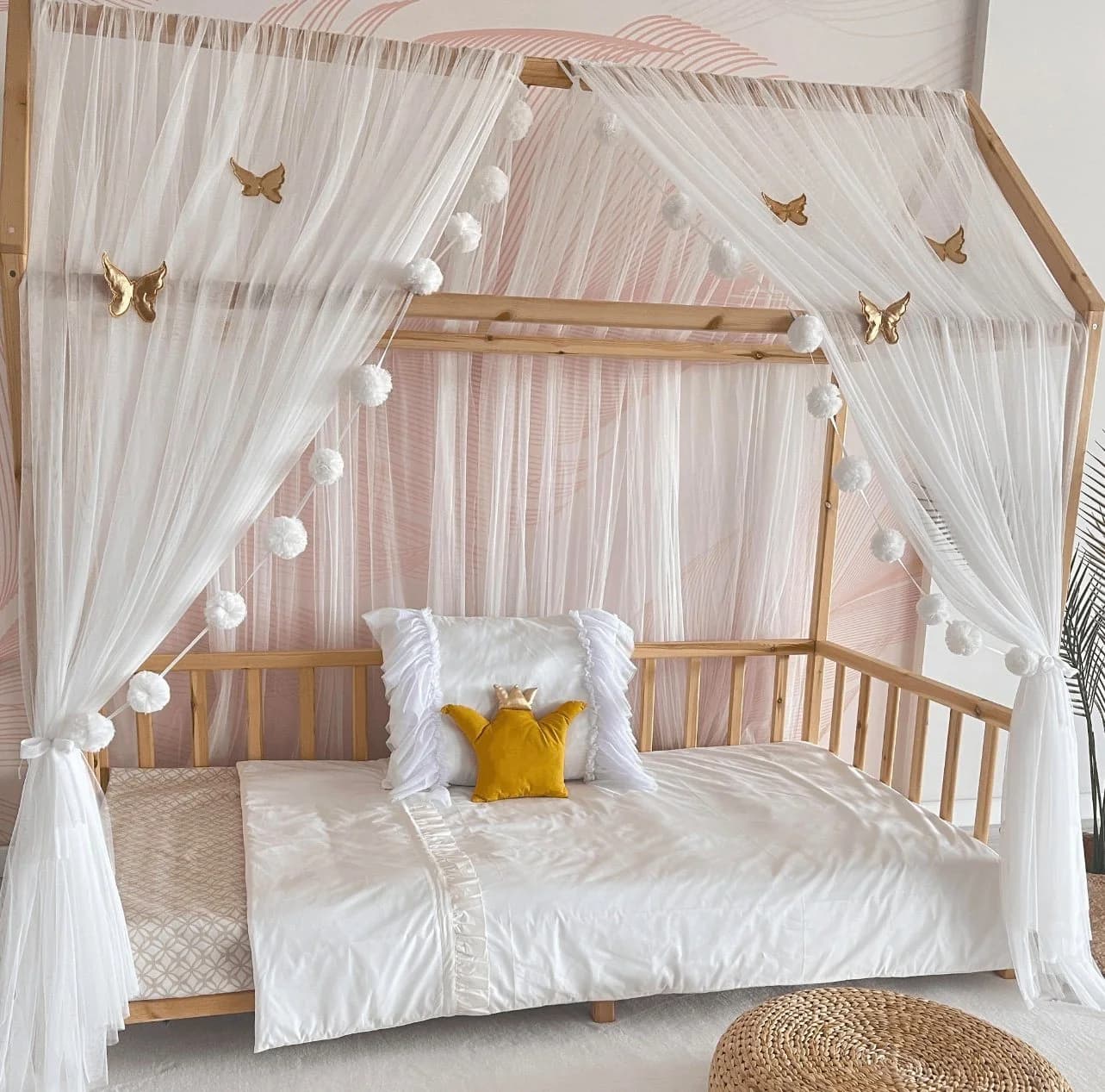 Baby Fancyroom Betthimmel Tüll Set mit Pomponkette Weiß - Bild 3